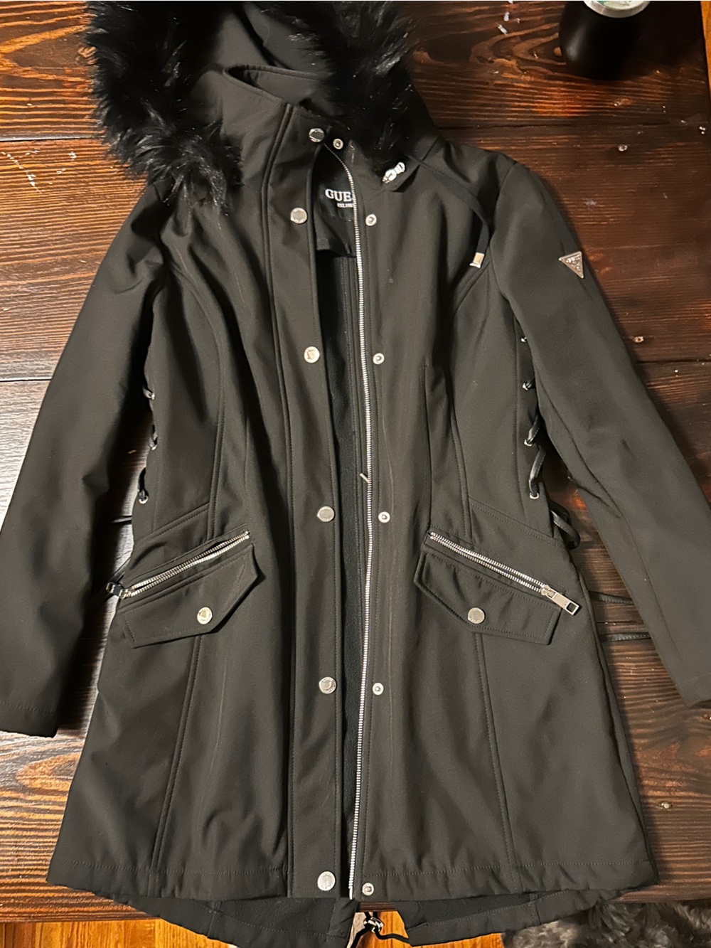 Guess women’s Black winter Coat with Faux Fur Hood
